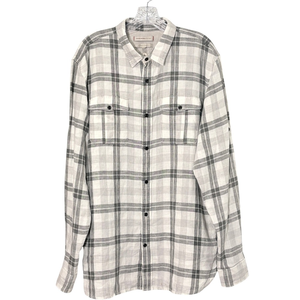 Banana Republic Men Linen Button Down Shirt Large Plaid Tailored Slim Fit Pocket